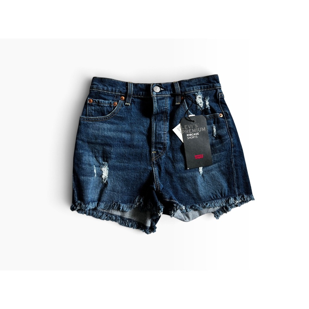 NWT Levi's Premium Ribcage Shorts 26 Dark Wash Distressed High Rise Denim